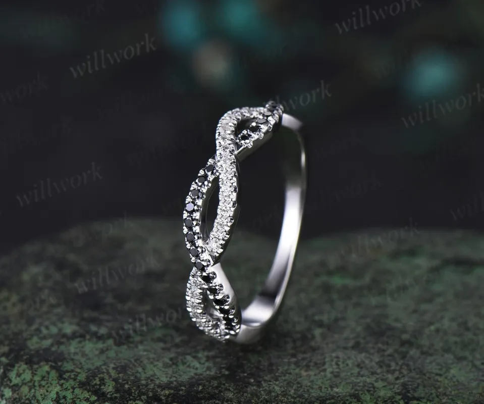 Black diamond wedding band solid 14k white gold antique infinity half eternity diamond stacking bridal ring women jewelry black spinel ring made by Willwork Jewelry
