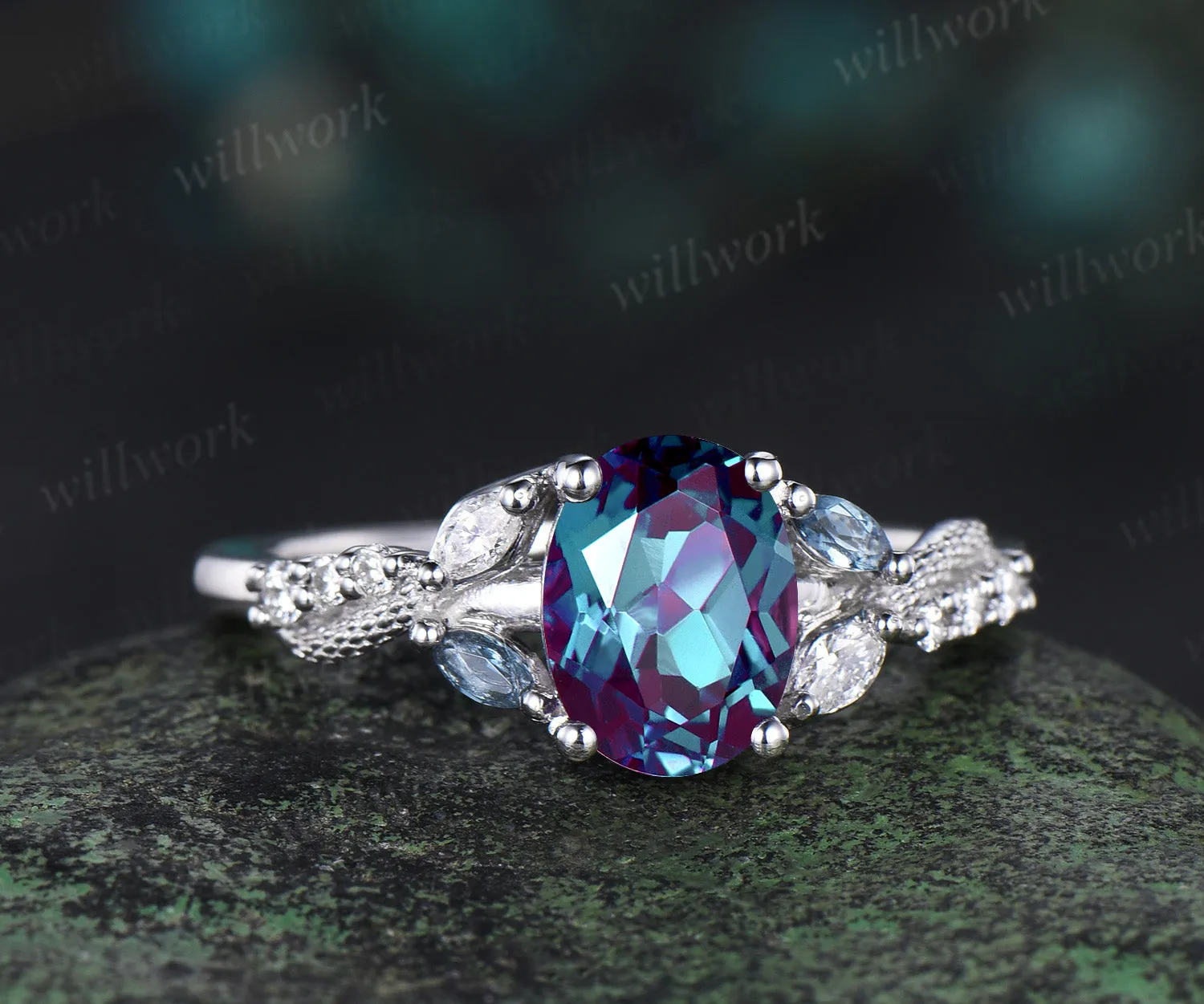 Oval Alexandrite Wedding Ring Double Snake Engagement Ring white gold Cluster Diamond topaz Wedding Ring Unique Serpent Ring Proposal Gift for Her sold by Willwork Jewelry product image thumbnail 2