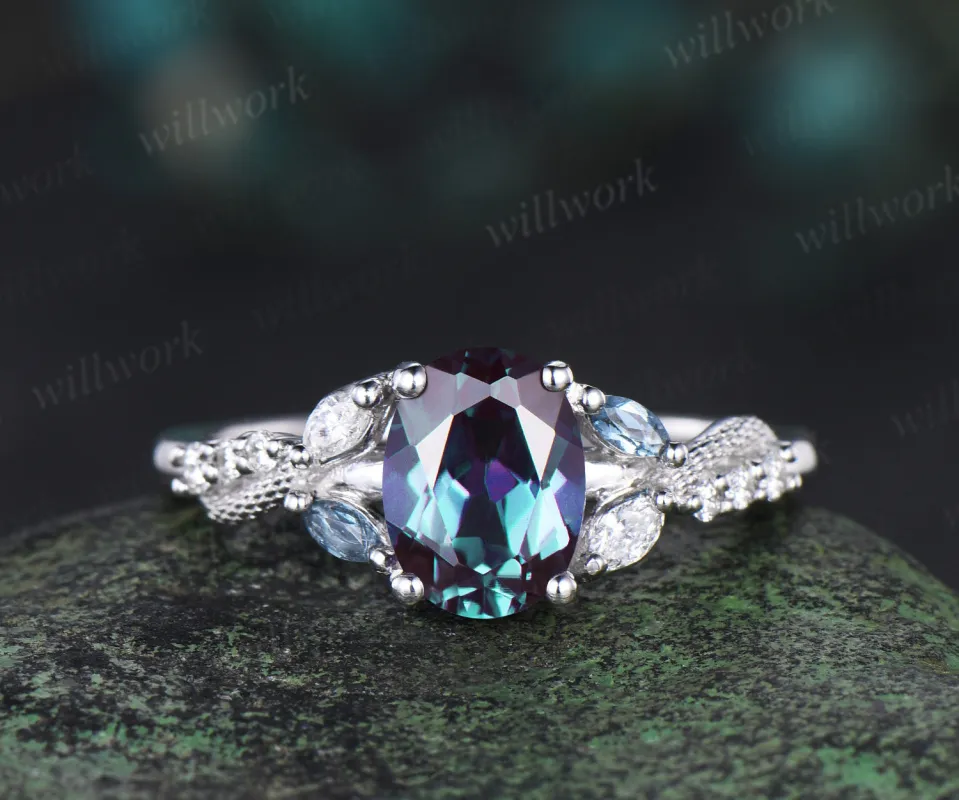 Oval Alexandrite Wedding Ring Double Snake Engagement Ring white gold Cluster Diamond topaz Wedding Ring Unique Serpent Ring Proposal Gift for Her made by Willwork Jewelry