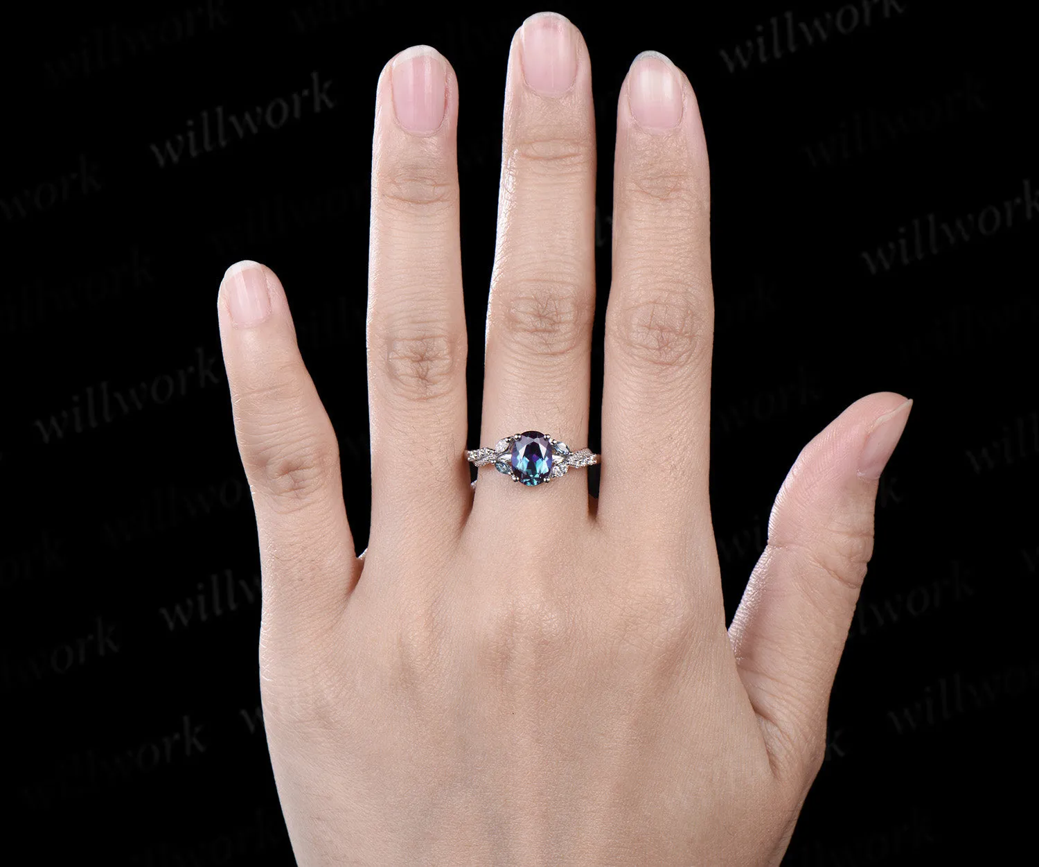 Oval Alexandrite Wedding Ring Double Snake Engagement Ring white gold Cluster Diamond topaz Wedding Ring Unique Serpent Ring Proposal Gift for Her sold by Willwork Jewelry product image thumbnail 3