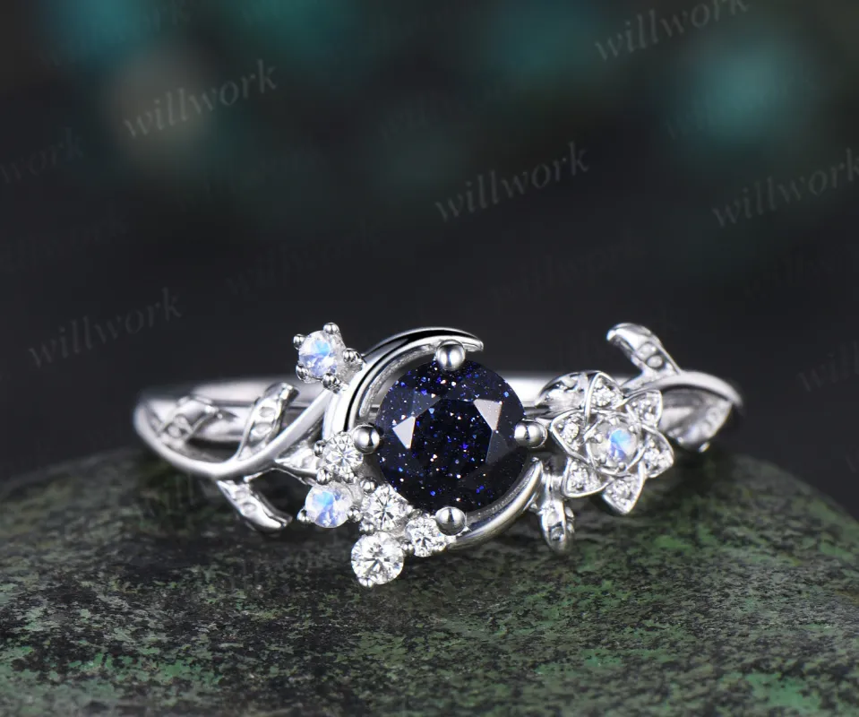 Nature Inspired Round Galaxy Blue Sandstone moonstone Wedding Ring Unique Moon Leaf Vine Blue Goldstone Engagement Ring Art Deco Promise Ring sold by Willwork Jewelry
