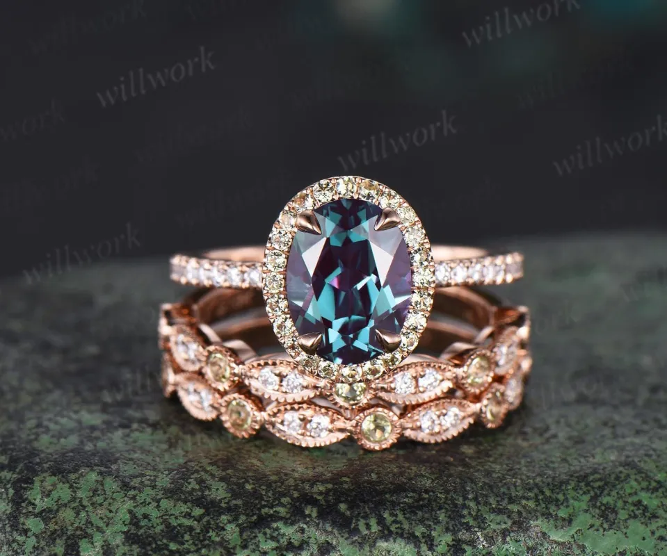 Oval cut Alexandrite engagement ring set halo peridot ring rose gold vintage milgrain half eternity diamond bridal ring set women jewelry sold by Willwork Jewelry