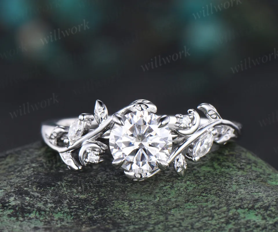 1ct moissanite ring vintage moissanite engagement ring 14k white gold moon leaf five stone diamond promise ring women sold by Willwork Jewelry