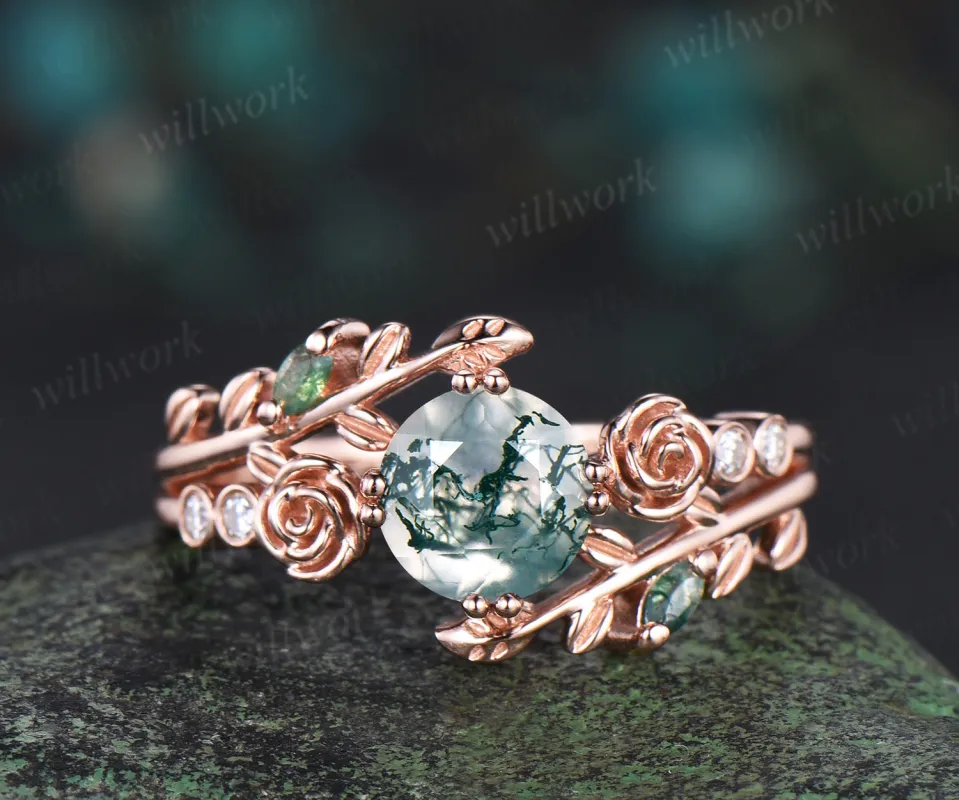 Round cut moss agate engagement ring 14k rose gold leaf floral bezel diamond ring vintage split shank 8 prong wedding ring women sold by Willwork Jewelry