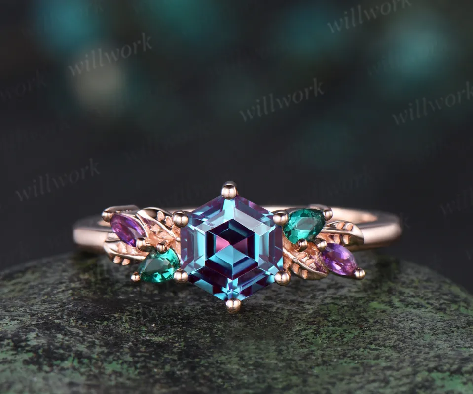 Unique Hexagon Cut Alexandrite Engagement Ring rose gold Leaf Nature Inspired Wedding Ring Art Deco Emerald Amethyst Cluster Five Stone Ring made by Willwork Jewelry