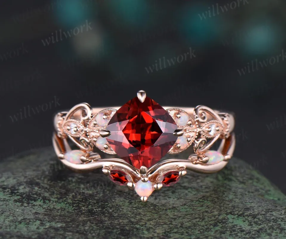 Vintage cushion cut red garnet engagement ring set rose gold butterfly Milgrain opal ring women stacking anniversary ring set gift sold by Willwork Jewelry