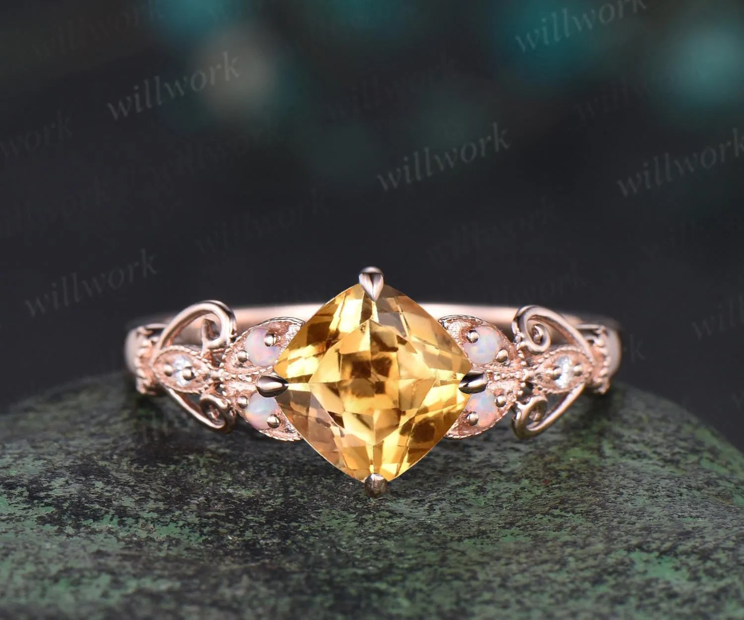 Vintage cushion cut yellow citrine engagement ring set rose gold butterfly Milgrain opal ring women stacking anniversary ring set gift sold by Willwork Jewelry product image thumbnail 5