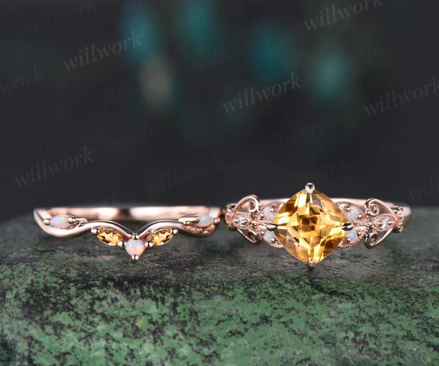 Vintage cushion cut yellow citrine engagement ring set rose gold butterfly Milgrain opal ring women stacking anniversary ring set gift sold by Willwork Jewelry product image thumbnail 4