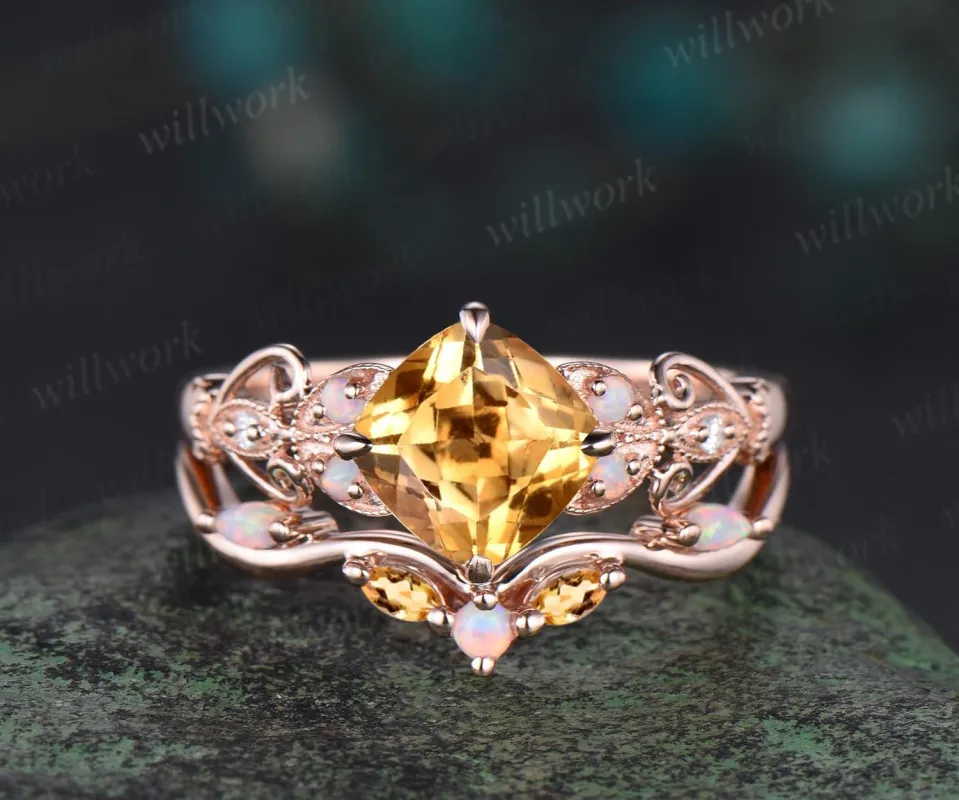 Vintage cushion cut yellow citrine engagement ring set rose gold butterfly Milgrain opal ring women stacking anniversary ring set gift sold by Willwork Jewelry