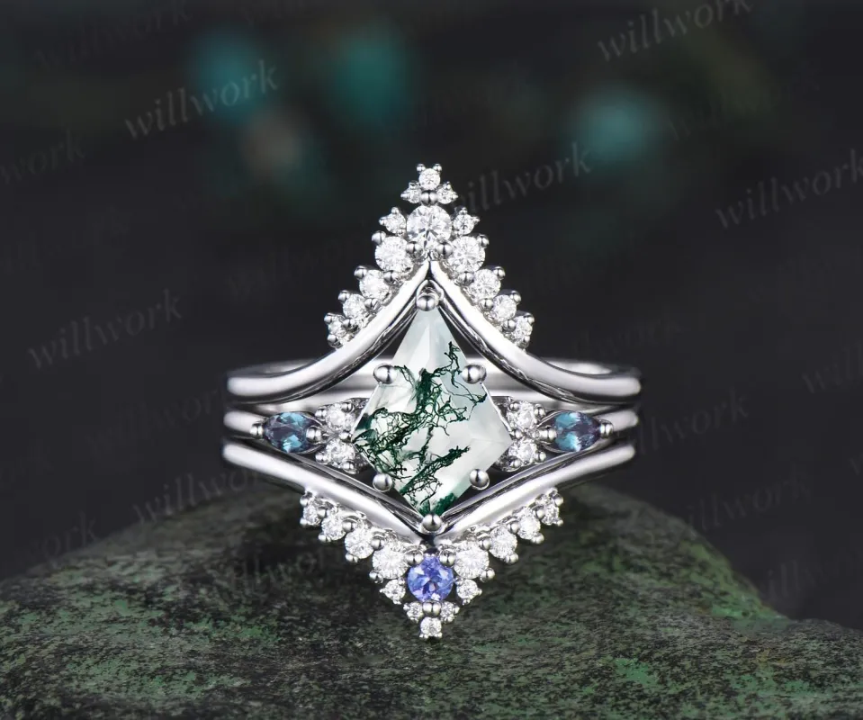 Kite cut moss agate engagement ring set solid 14k white gold alexandrite snowdrift moissanite ring unique promise wedding ring set women sold by Willwork Jewelry