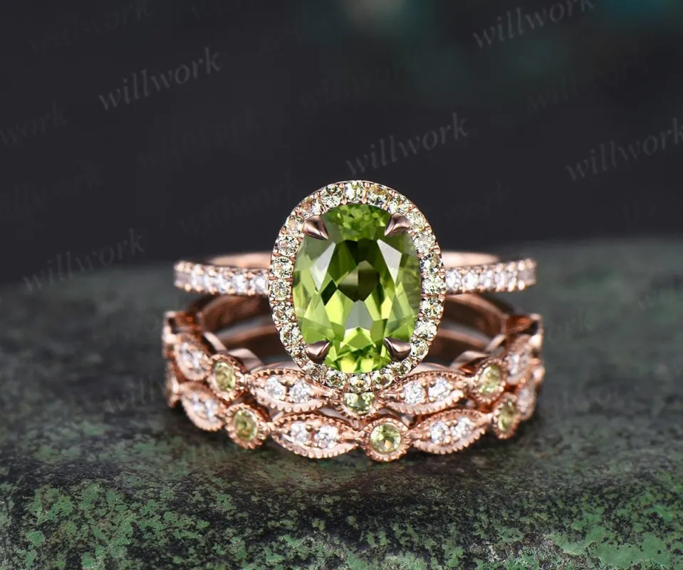 Vintage oval cut peridot engagement ring milgrain half eternity diamond ring 14k rose gold art deco unique anniversary bridal ring set women made by Willwork Jewelry