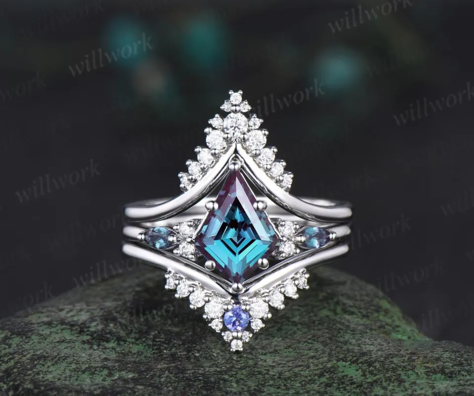 3pcs kite cut alexandrite engagement ring set solid 14k white gold stacking snowdrift moissanite ring unique promise bridal ring set women sold by Willwork Jewelry