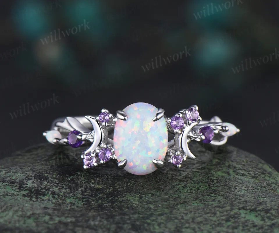 Oval Opal Engagement Ring Vintage Opal Moon Engagement Ring Branch Cluster Amethyst Wedding Ring Promise Gift For Women sold by Willwork Jewelry