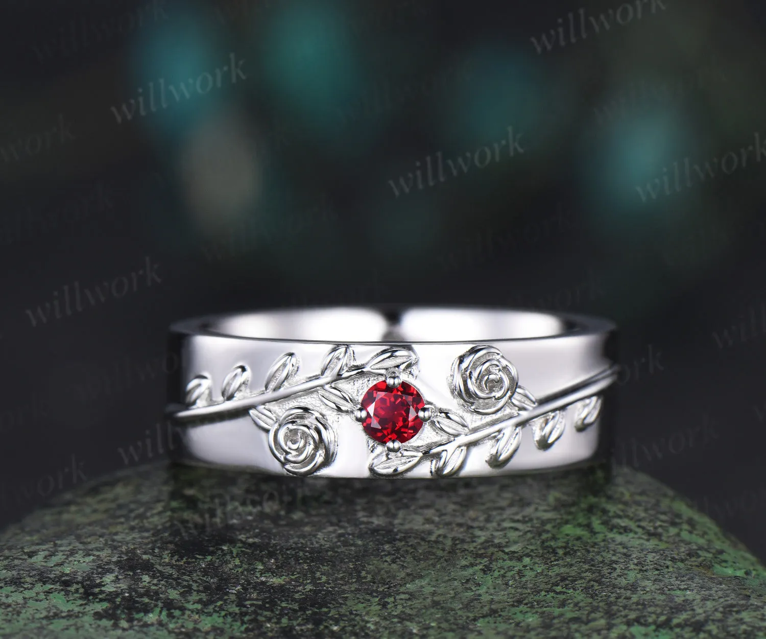 Round red ruby wedding band mens solid 14k white gold leaf floral wedding ring unique anniversary ring gift nature inspired Engagement Ring sold by Willwork Jewelry