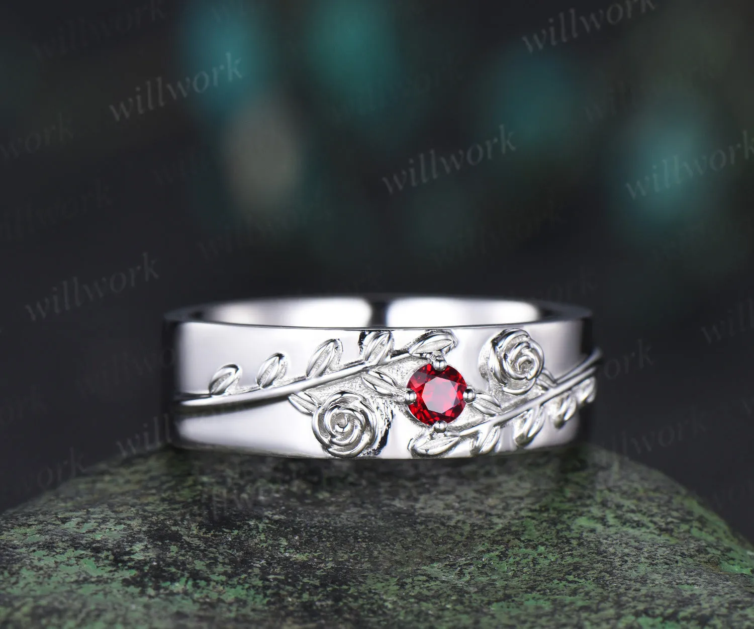 Round red ruby wedding band mens solid 14k white gold leaf floral wedding ring unique anniversary ring gift nature inspired Engagement Ring sold by Willwork Jewelry product image thumbnail 4