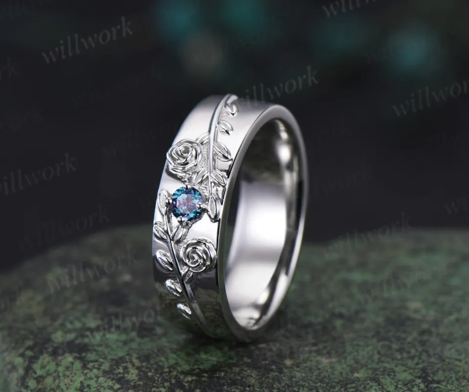 Round alexandrite wedding band mens solid 14k white gold leaf floral wedding ring unique anniversary ring gift nature inspired Engagement Ring sold by Willwork Jewelry