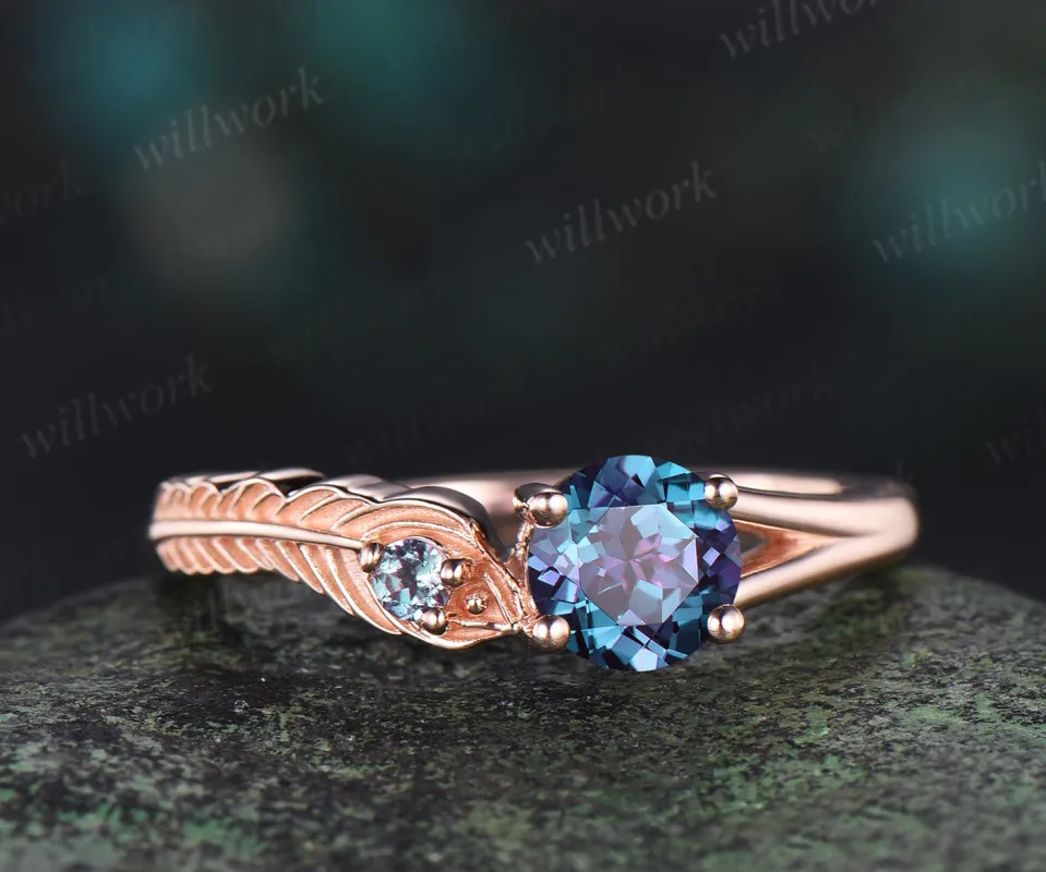 Vintage round cut alexandrite Engagement Ring solid 14k rose gold leaf Peacock Feather two stone you and me ring women gift sold by Willwork Jewelry