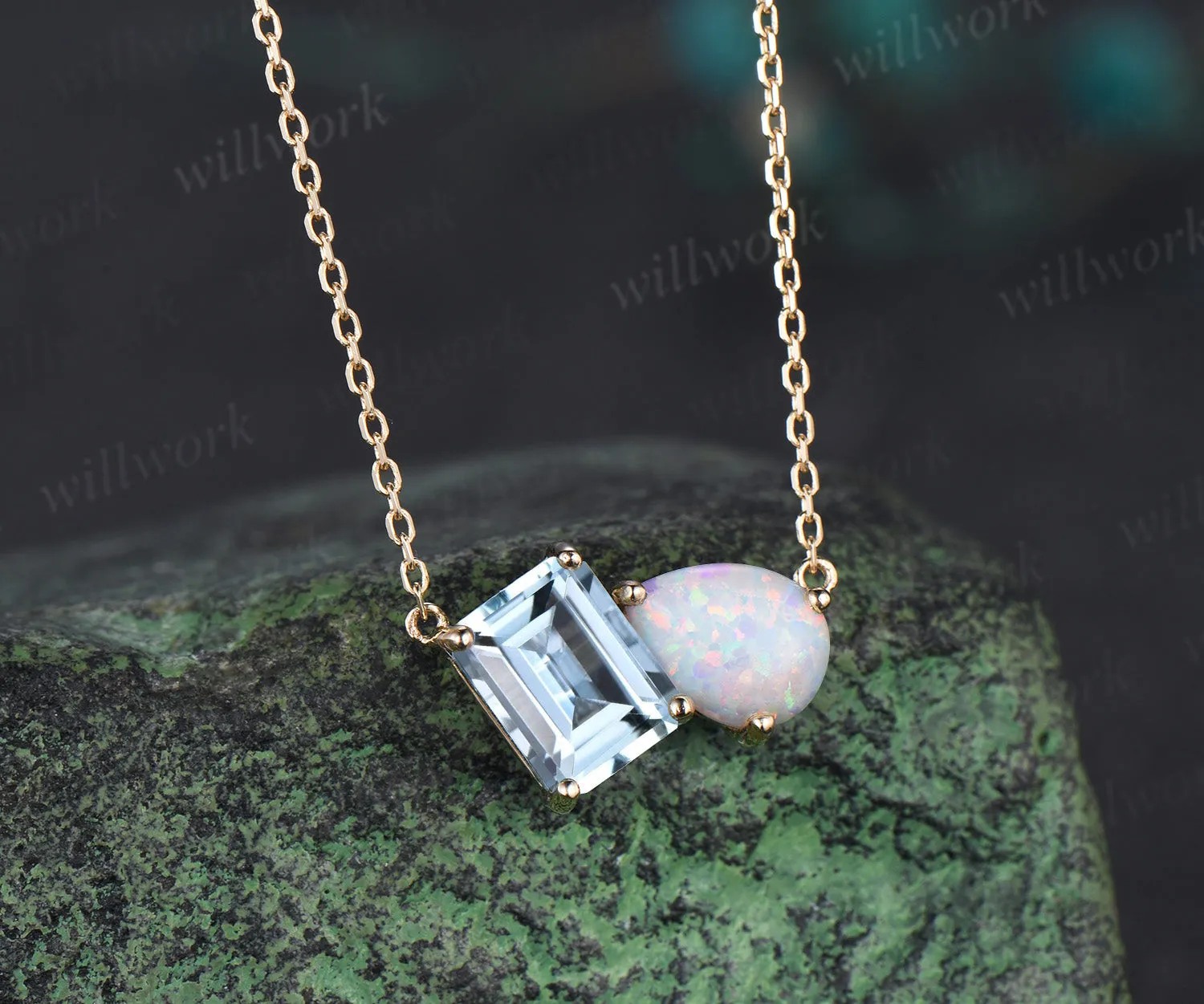 Emerald cut aquamarine and pear opal necklace 14k yellow gold two stone pendant women dainty anniversary gift mother sold by Willwork Jewelry product image thumbnail 2