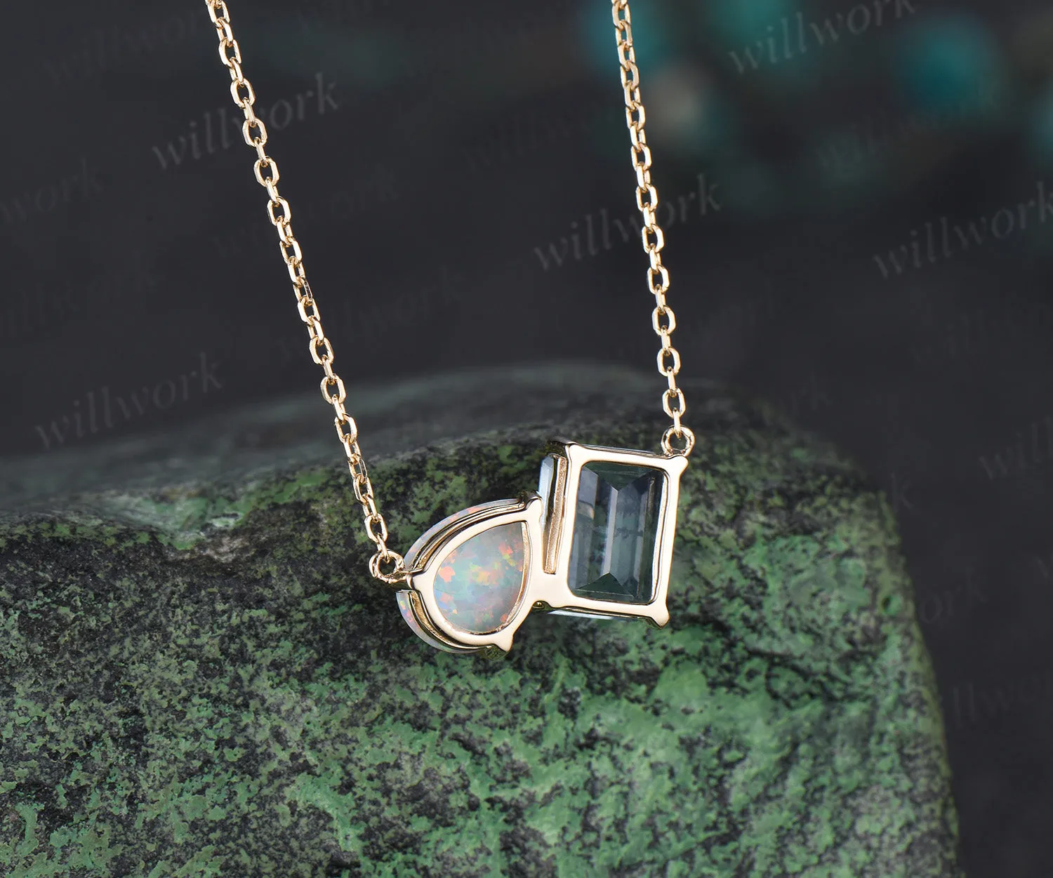 Emerald cut aquamarine and pear opal necklace 14k yellow gold two stone pendant women dainty anniversary gift mother sold by Willwork Jewelry product image thumbnail 4
