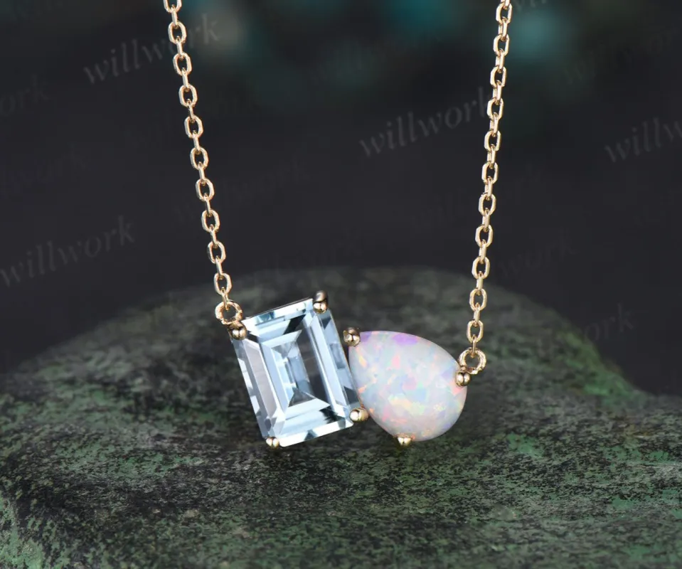 Emerald cut aquamarine and pear opal necklace 14k yellow gold two stone pendant women dainty anniversary gift mother sold by Willwork Jewelry