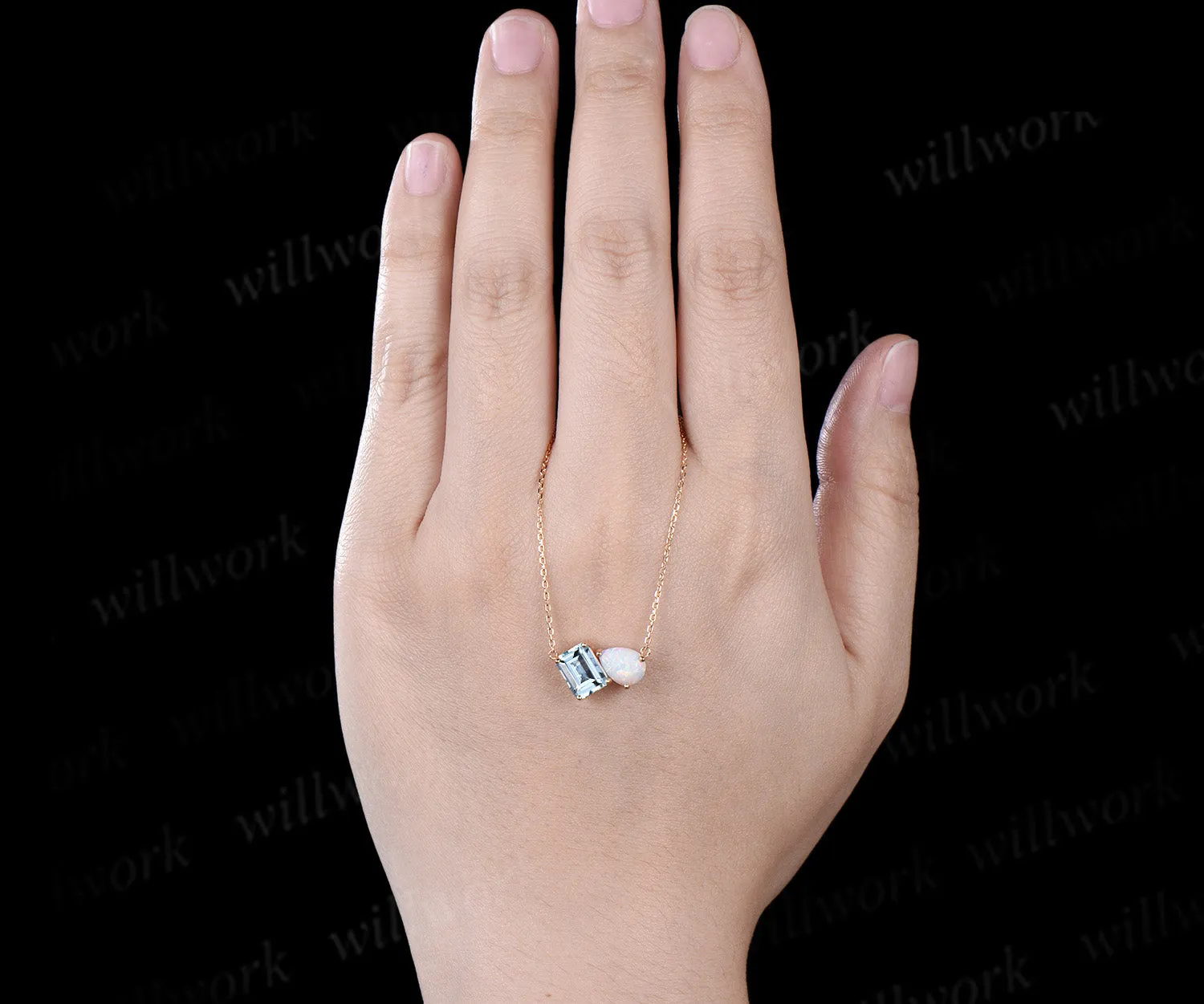 Emerald cut aquamarine and pear opal necklace 14k yellow gold two stone pendant women dainty anniversary gift mother sold by Willwork Jewelry product image thumbnail 5