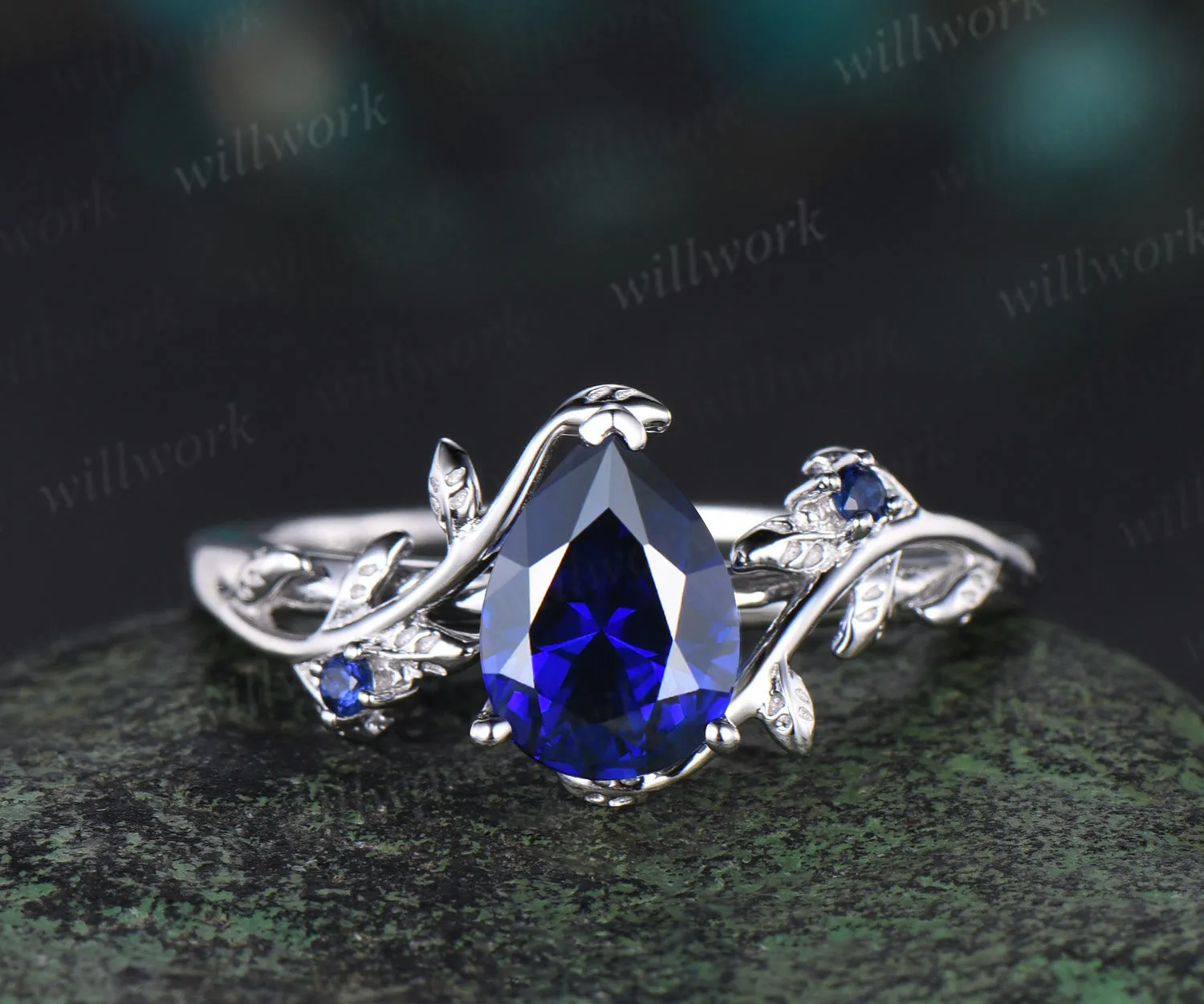 Pear cut sapphire engagement ring set vintage leaf nature inspired bridal set 14k white gold anniversary gift sold by Willwork Jewelry product image thumbnail 5