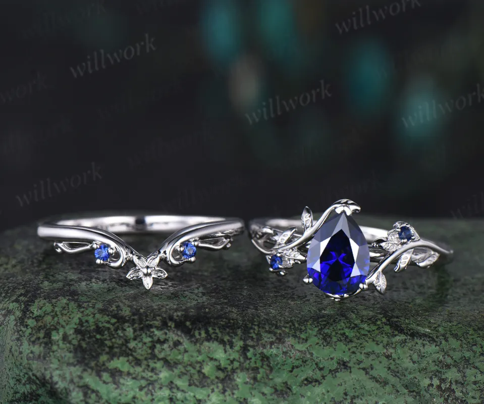 Pear cut sapphire engagement ring set vintage leaf nature inspired bridal set 14k white gold anniversary gift sold by Willwork Jewelry