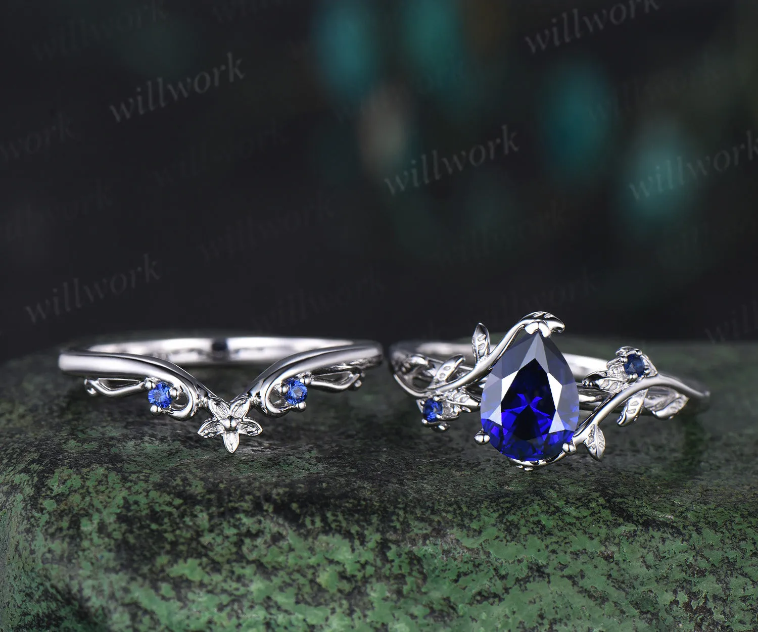 Pear cut sapphire engagement ring set vintage leaf nature inspired bridal set 14k white gold anniversary gift sold by Willwork Jewelry