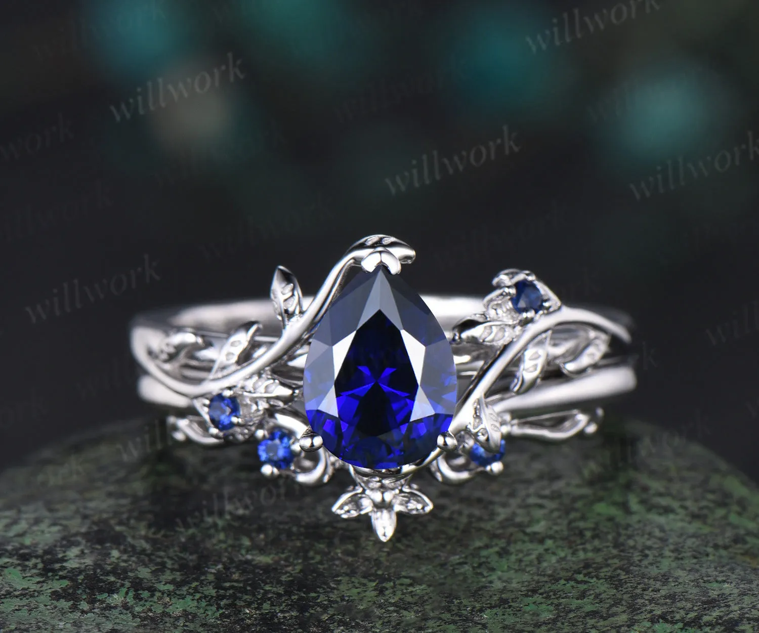 Pear cut sapphire engagement ring set vintage leaf nature inspired bridal set 14k white gold anniversary gift sold by Willwork Jewelry product image thumbnail 2