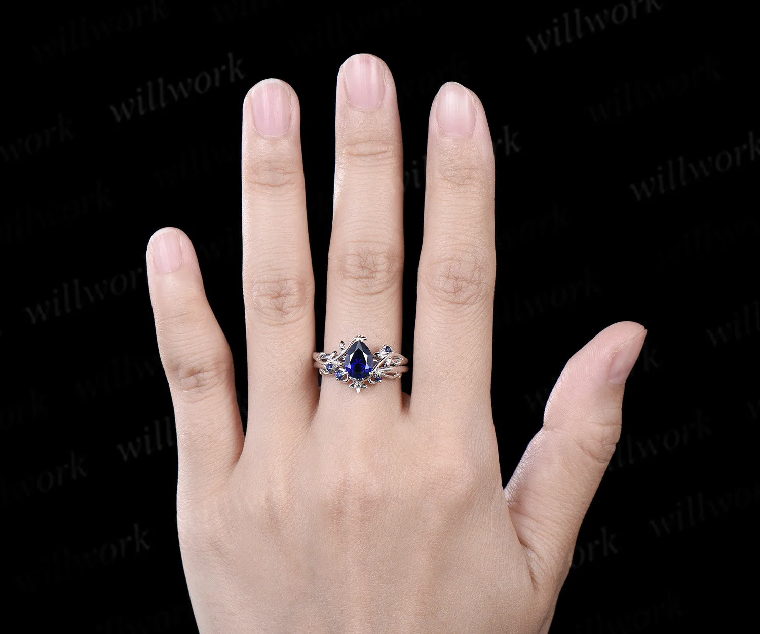 Pear cut sapphire engagement ring set vintage leaf nature inspired bridal set 14k white gold anniversary gift sold by Willwork Jewelry product image thumbnail 4