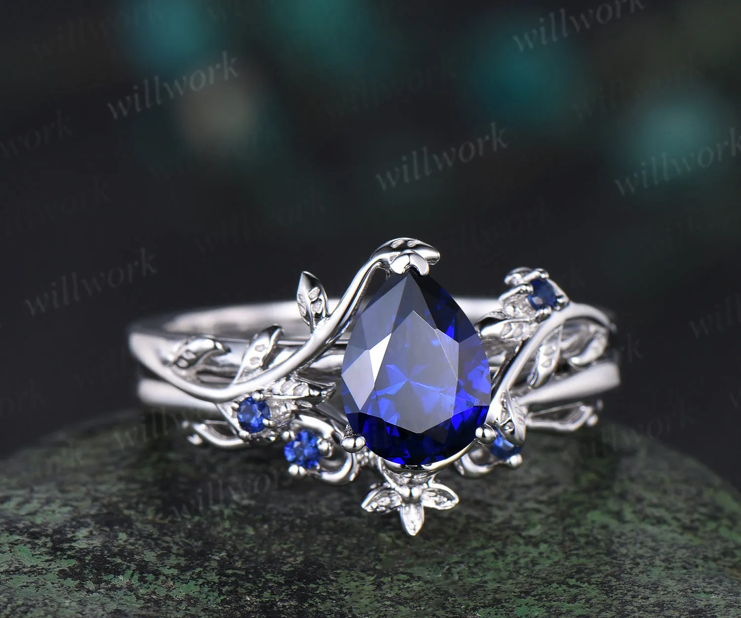 Pear cut sapphire engagement ring set vintage leaf nature inspired bridal set 14k white gold anniversary gift sold by Willwork Jewelry product image thumbnail 3