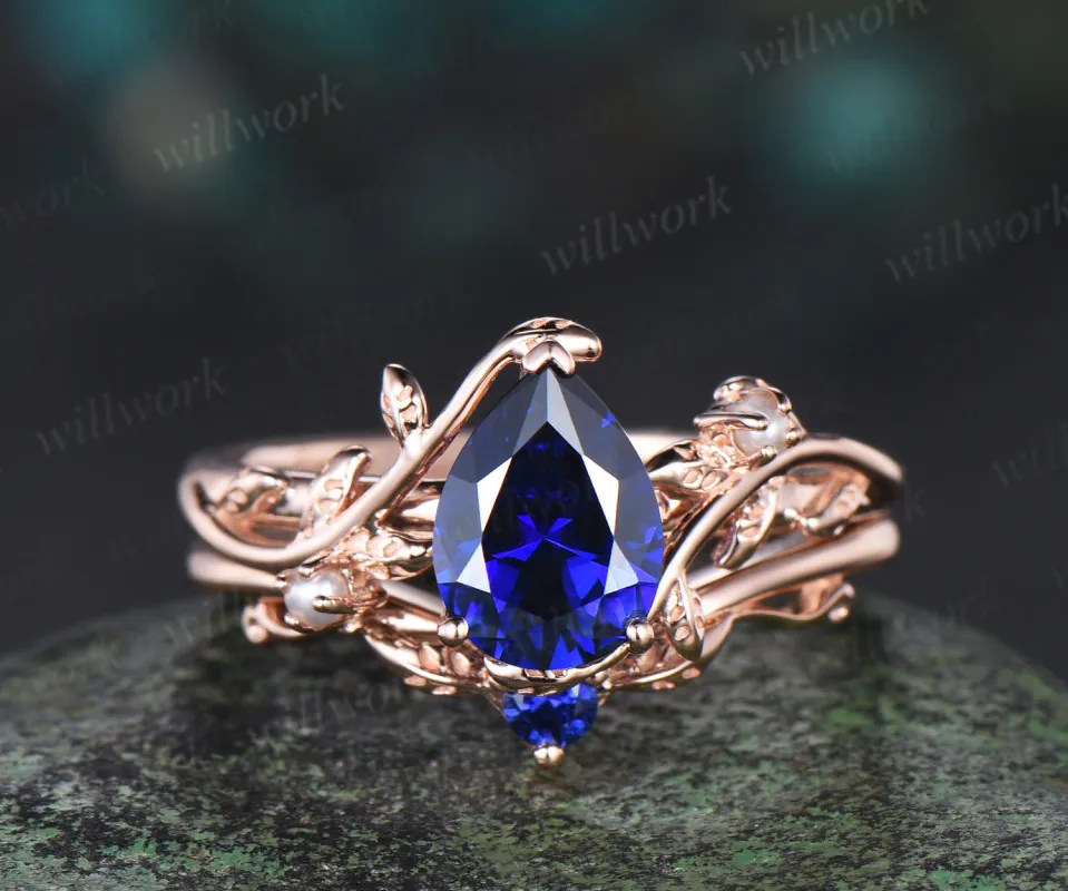 Pear sapphire pearl engagement ring set vintage leaf branch bridal set 14k rose gold unique wedding ring women jewelry sold by Willwork Jewelry
