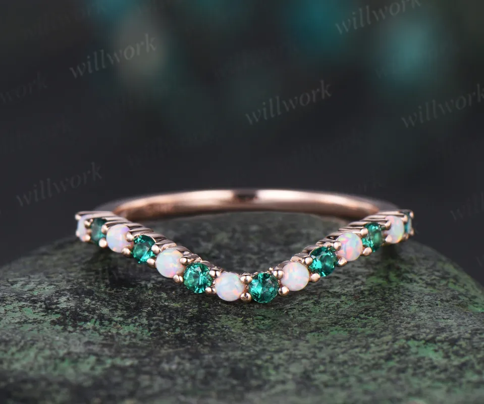 Curved opal emerald wedding band solid 14k rose gold Multi-Stone rings stacking bridal anniversary ring women gift sold by Willwork Jewelry