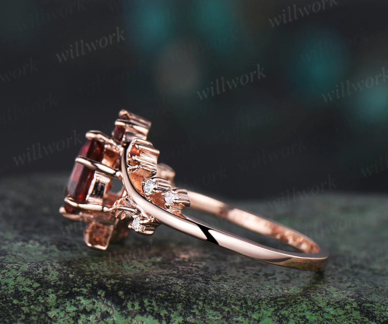 Hexagon cut red garnet engagement ring rose gold leaf moon diamond ring vintage twisted anniversary ring women gemstone sold by Willwork Jewelry product image thumbnail 5