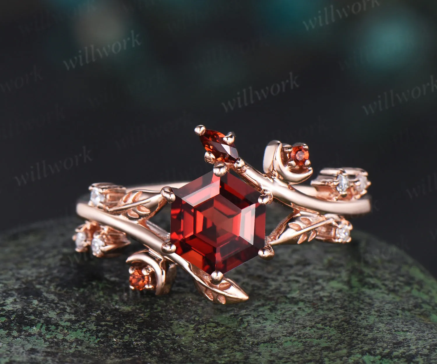 Hexagon cut red garnet engagement ring rose gold leaf moon diamond ring vintage twisted anniversary ring women gemstone sold by Willwork Jewelry