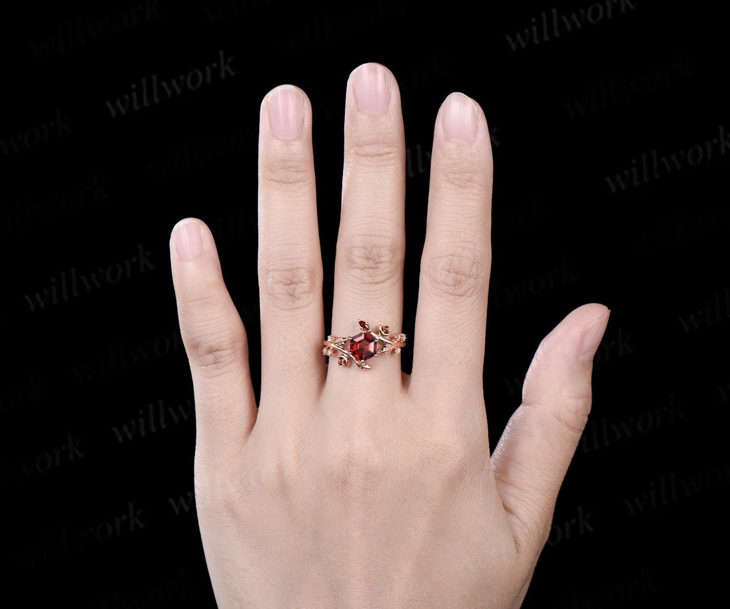Hexagon cut red garnet engagement ring rose gold leaf moon diamond ring vintage twisted anniversary ring women gemstone sold by Willwork Jewelry product image thumbnail 3