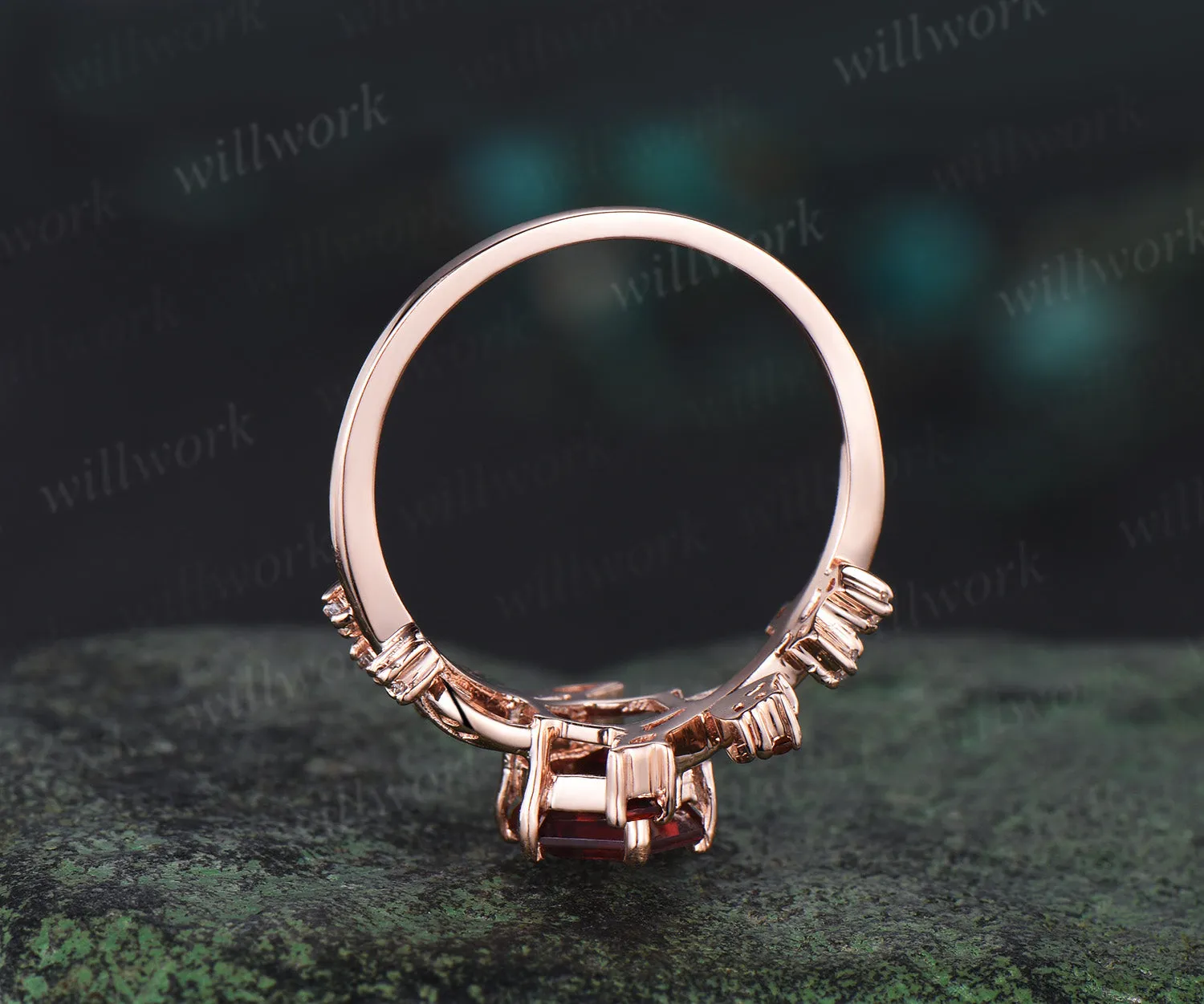 Hexagon cut red garnet engagement ring rose gold leaf moon diamond ring vintage twisted anniversary ring women gemstone sold by Willwork Jewelry product image thumbnail 4