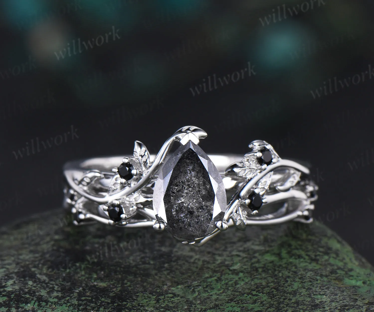 Pear salt and pepper diamond engagement ring set solid 14k white gold leaf nature inspired black diamond ring women sold by Willwork Jewelry product image thumbnail 3