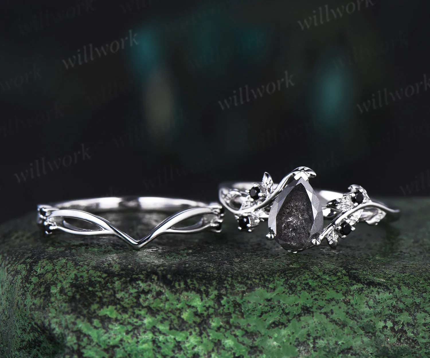 Pear salt and pepper diamond engagement ring set solid 14k white gold leaf nature inspired black diamond ring women sold by Willwork Jewelry product image thumbnail 2