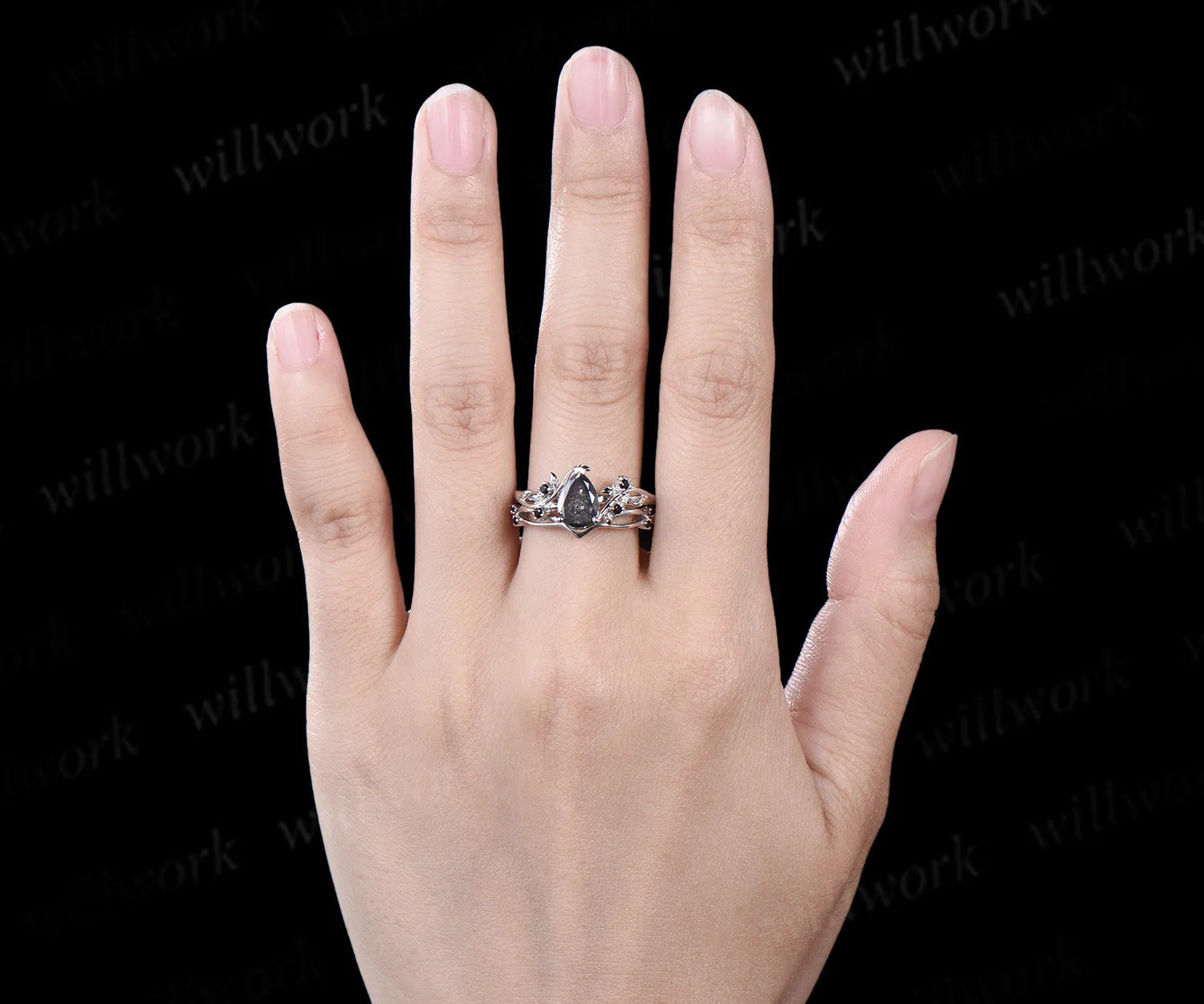 Pear salt and pepper diamond engagement ring set solid 14k white gold leaf nature inspired black diamond ring women sold by Willwork Jewelry product image thumbnail 4