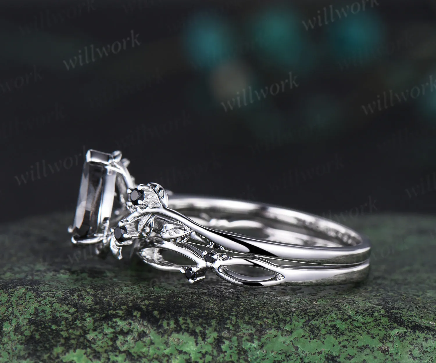 Pear salt and pepper diamond engagement ring set solid 14k white gold leaf nature inspired black diamond ring women sold by Willwork Jewelry product image thumbnail 5
