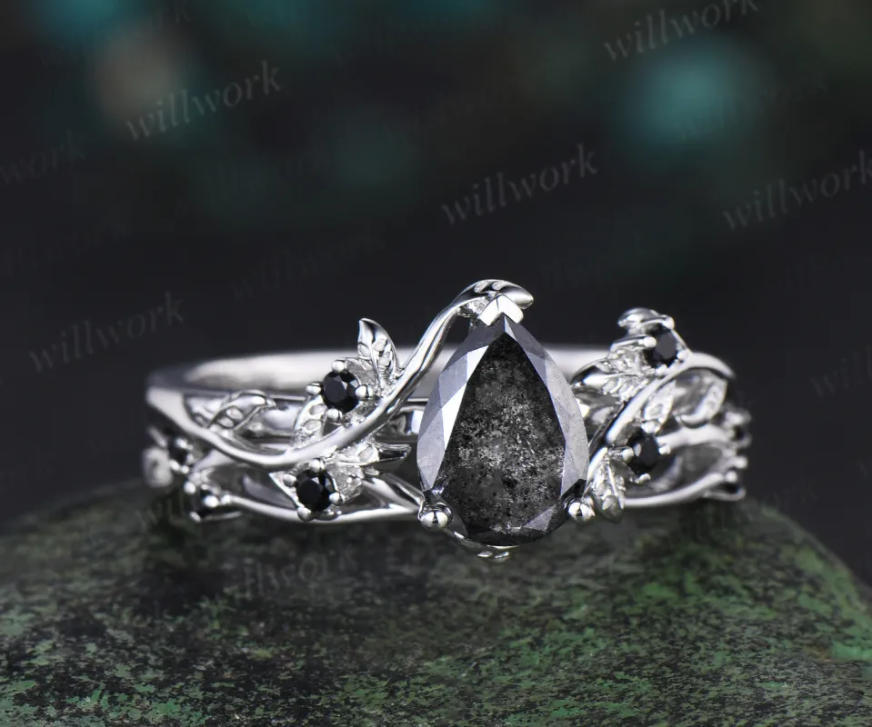 Pear salt and pepper diamond engagement ring set solid 14k white gold leaf nature inspired black diamond ring women sold by Willwork Jewelry