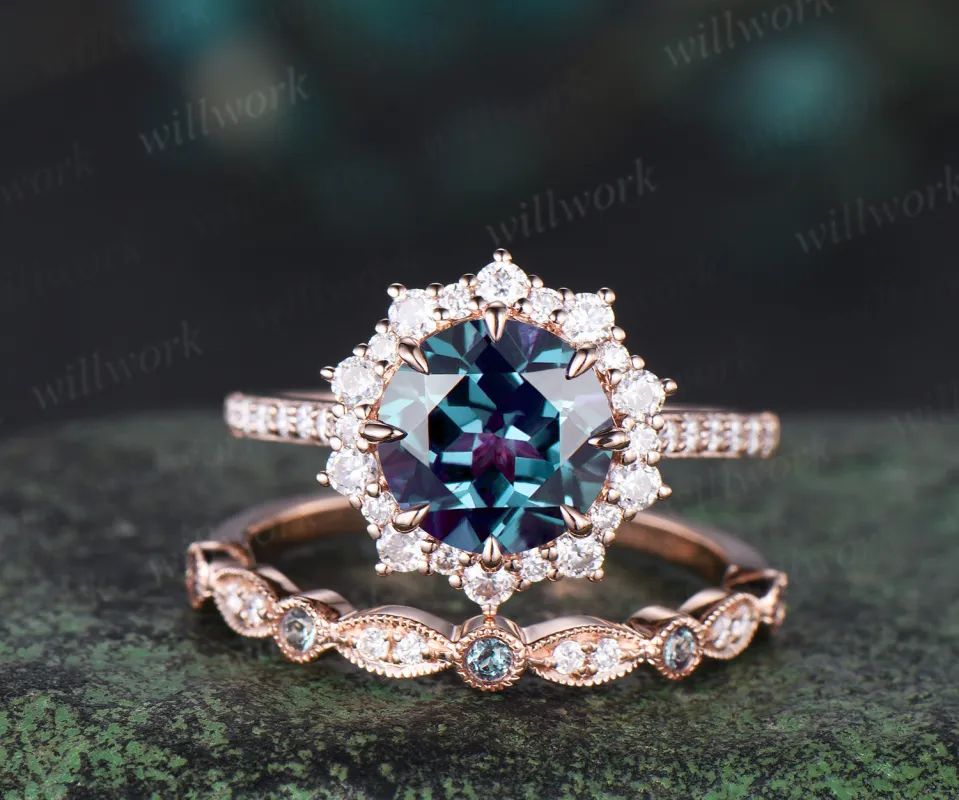Round cut Alexandrite engagement ring set rose gold milgrain halo half eternity snowdrift diamond ring women unique moissanite bridal ring set sold by Willwork Jewelry