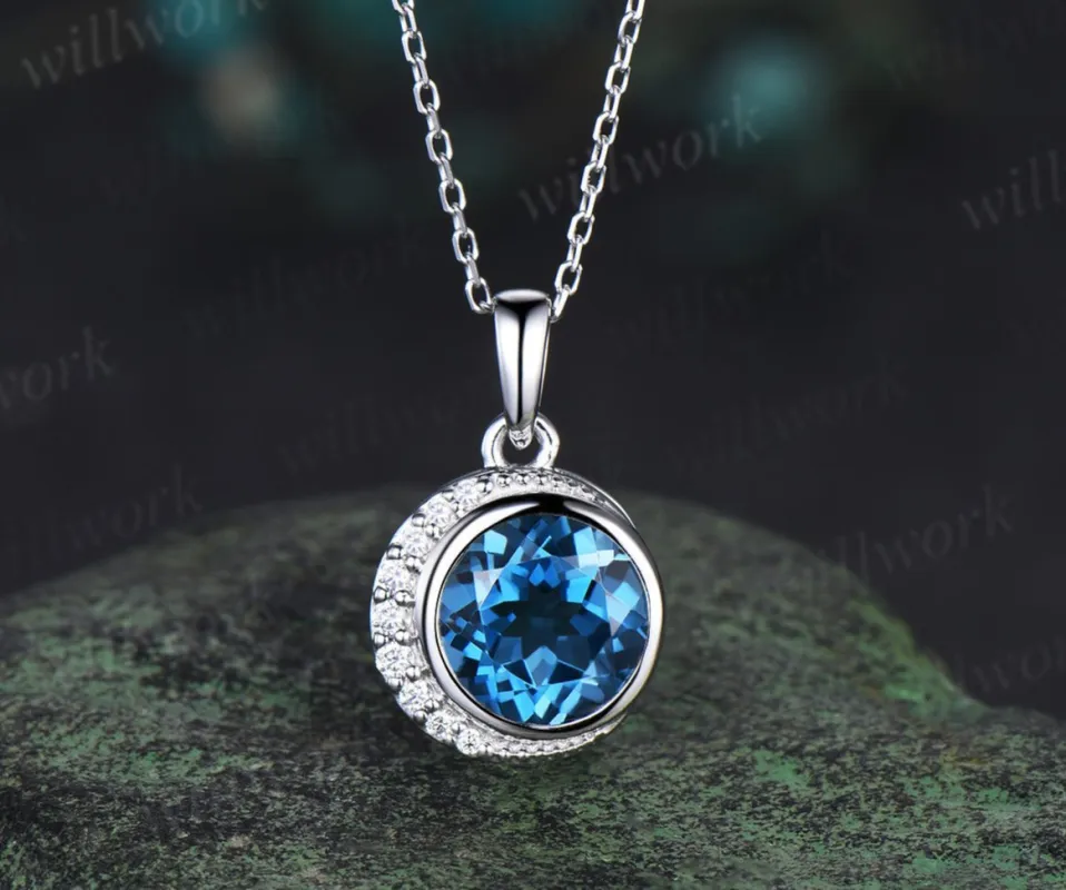 Dainty Round Cut London Blue Topaz Necklace Unique Moissanite Moon Pendant Minimalist December Birthstone Blue Topaz Necklace Women sold by Willwork Jewelry