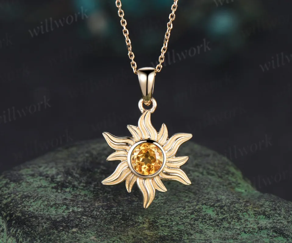 Minimalist Round Cut Citrine Sun Necklace Unique 14k Rose Gold Yellow Crystal Solitaire Pendant Dainty November Birthstone Necklace made by Willwork Jewelry