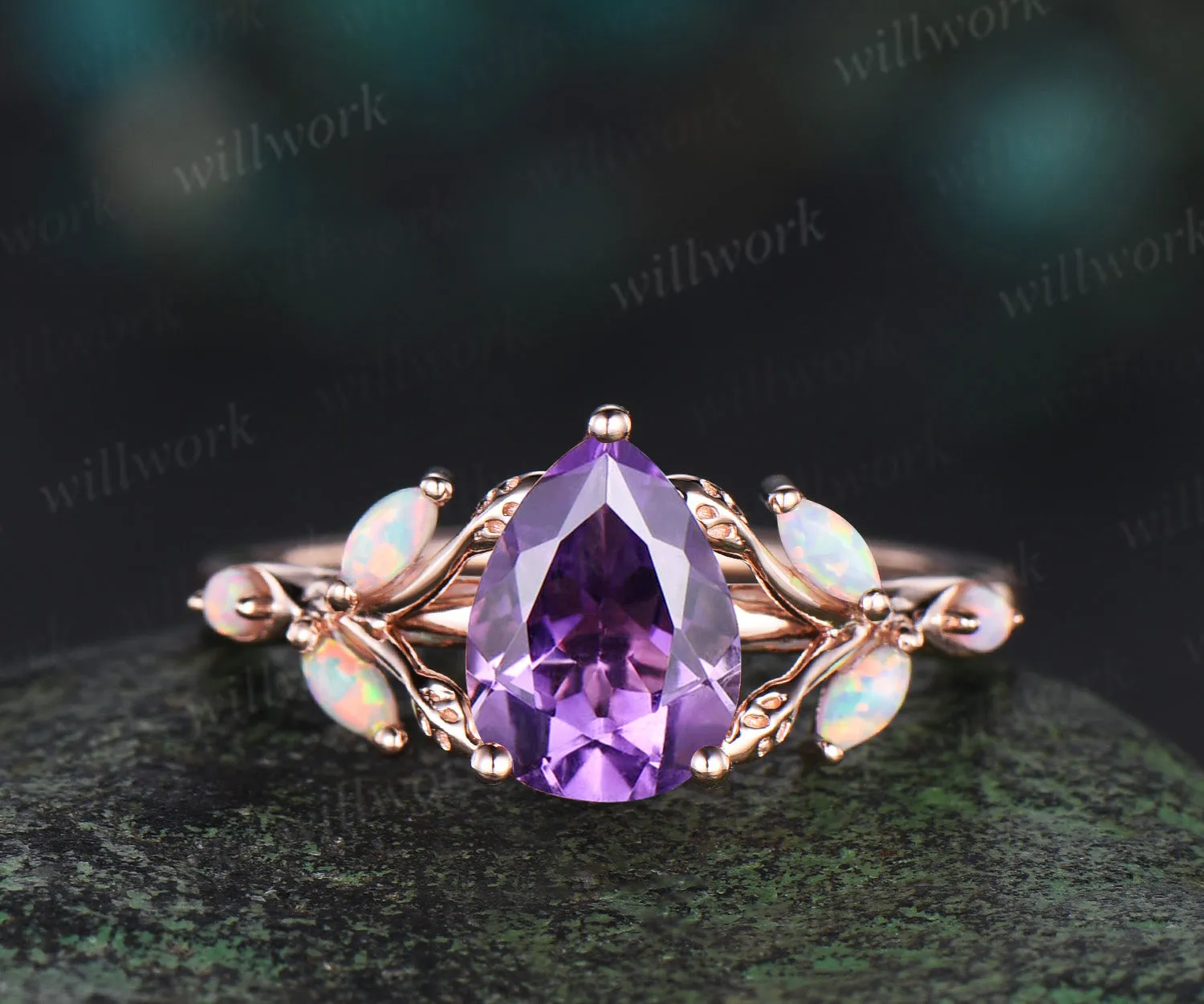 Pear cut amethyst engagement ring retro 14k rose gold nature inspired leaf marquise opal ring unique wedding bridal ring women jewelry sold by Willwork Jewelry product image thumbnail 2