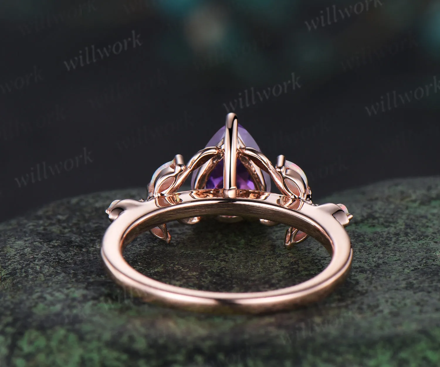 Pear cut amethyst engagement ring retro 14k rose gold nature inspired leaf marquise opal ring unique wedding bridal ring women jewelry sold by Willwork Jewelry product image thumbnail 4