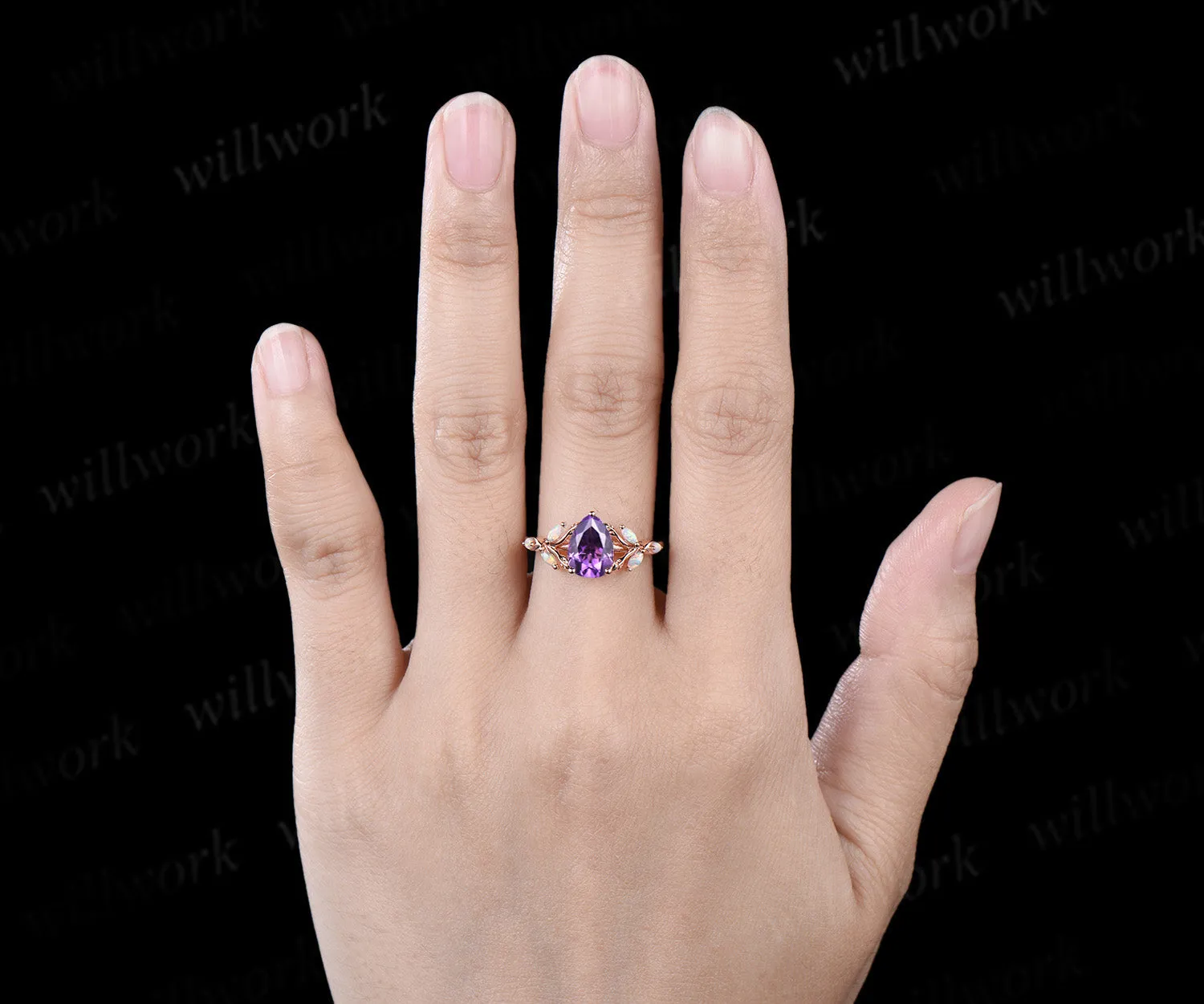 Pear cut amethyst engagement ring retro 14k rose gold nature inspired leaf marquise opal ring unique wedding bridal ring women jewelry sold by Willwork Jewelry product image thumbnail 3