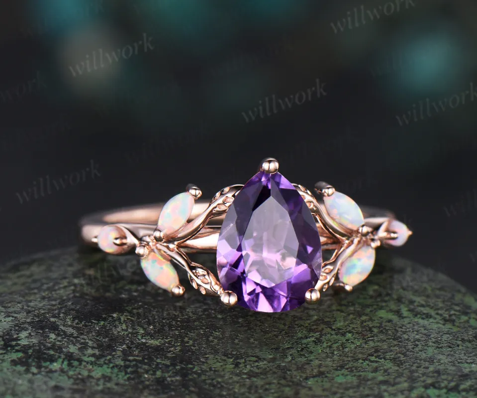 Pear cut amethyst engagement ring retro 14k rose gold nature inspired leaf marquise opal ring unique wedding bridal ring women jewelry sold by Willwork Jewelry