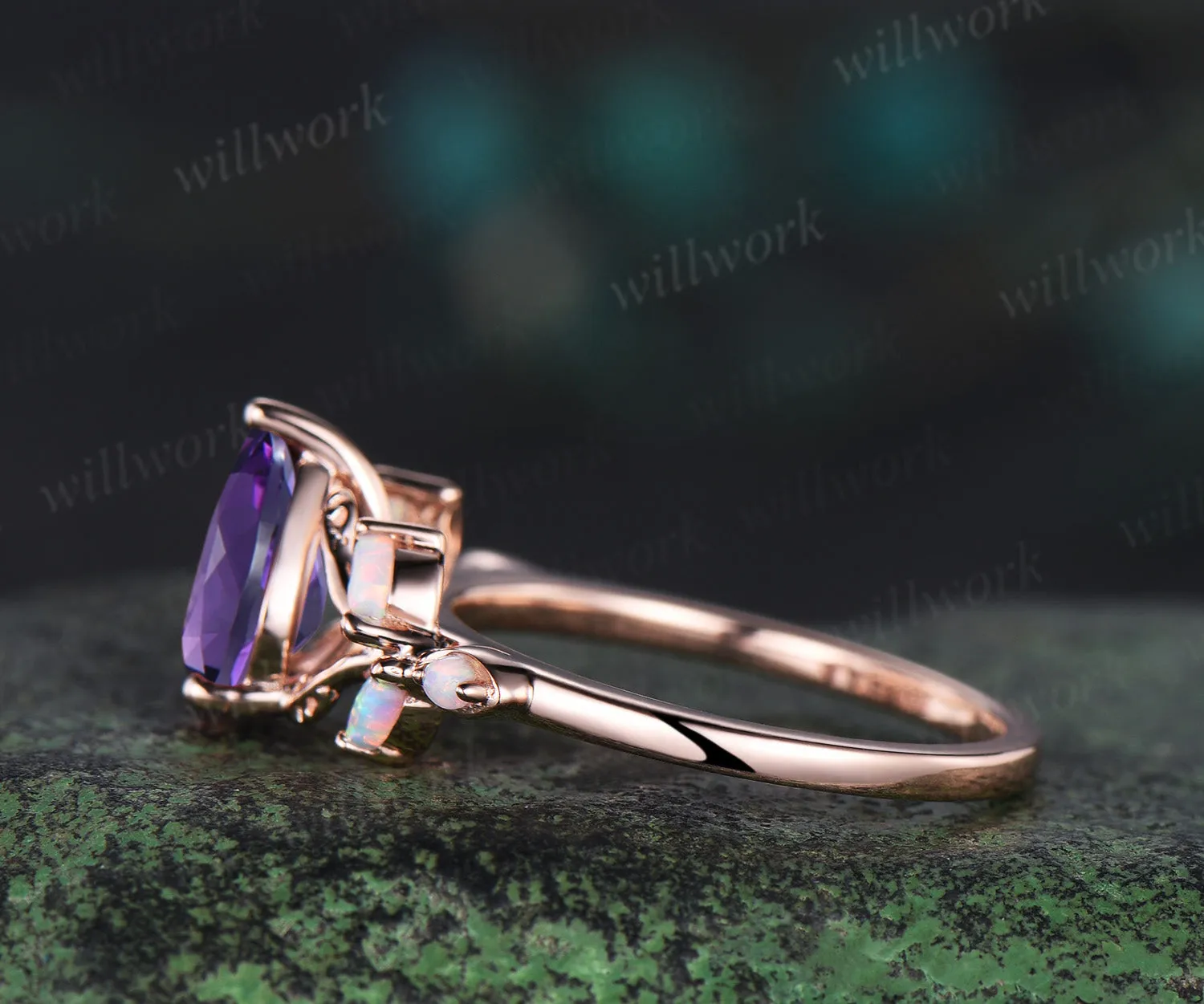 Pear cut amethyst engagement ring retro 14k rose gold nature inspired leaf marquise opal ring unique wedding bridal ring women jewelry sold by Willwork Jewelry product image thumbnail 5